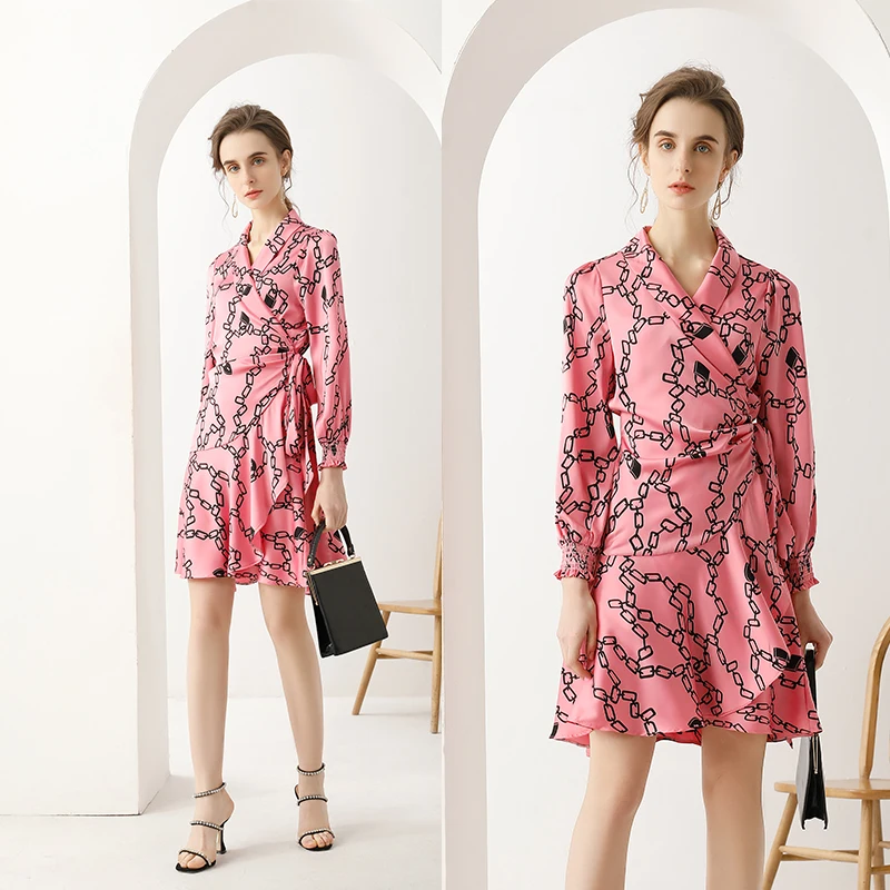 

Make v-neck high-end brand chun xia accept waist mulberry silk printed pure silk dress tea skirt