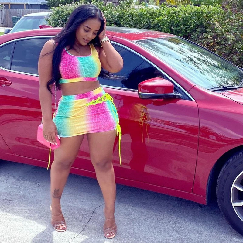 

Tie Dye Two Piece Set sexy Women Streetwear Summer Set Female Outfits Drawstring Short Skirt and sleeveless Short Top Set