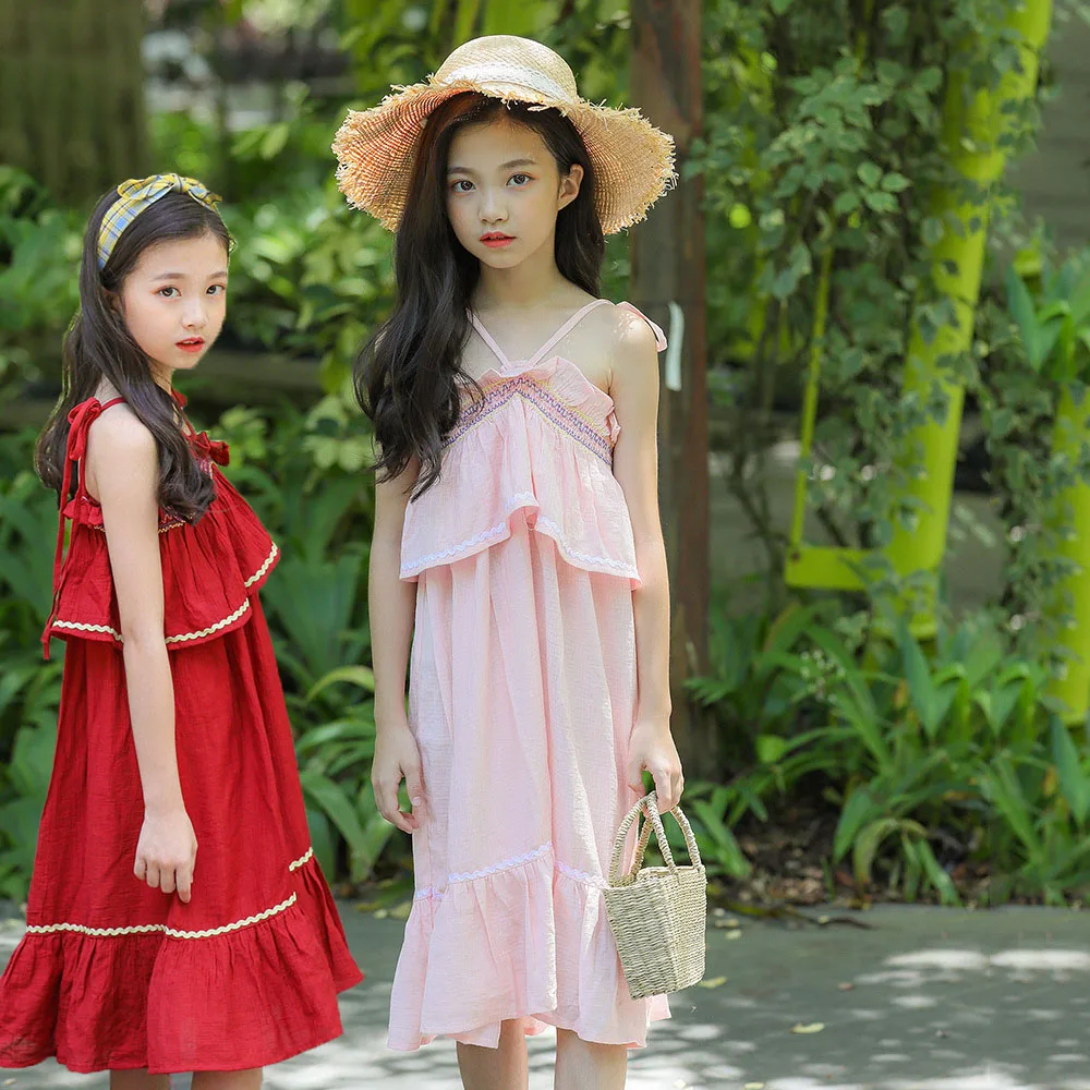 2020 Summer Flower Big Girl Dress Children Party Princess Clothes Sleeveless Long Dresses Red Pink Size 10 12 14 8 6 4 Years | Детская