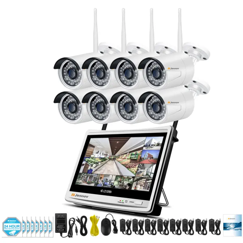 8 Pieces Cameras Jennov 8CH 1080P Домашняя безопасность наружная беспроводная CCTV камера безопасности Wifi камера s NVR 12 дюймов ЖК монитор P2P Водонепроницаемая камера - Цвет: 8 Pieces Cameras