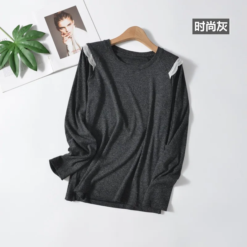 

2020 new loose shoulder lace stitching long-sleeved t-shirt women's plus size women's all-match bottoming shirt white
