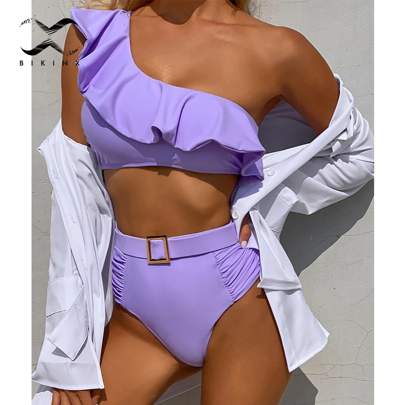 

Sexy ruffle one-shoulder swimsuit High waist bikini set Solid bandeau swiimwear women Beach wear Elegant bathing suit Biquini