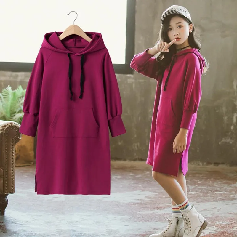 

DFXD 2019 корейское осеннее платье для девочек с длинным рукавом повседневное прямое однотонное платье-свитшот с капюшоном для 3-12 лет новая оде...