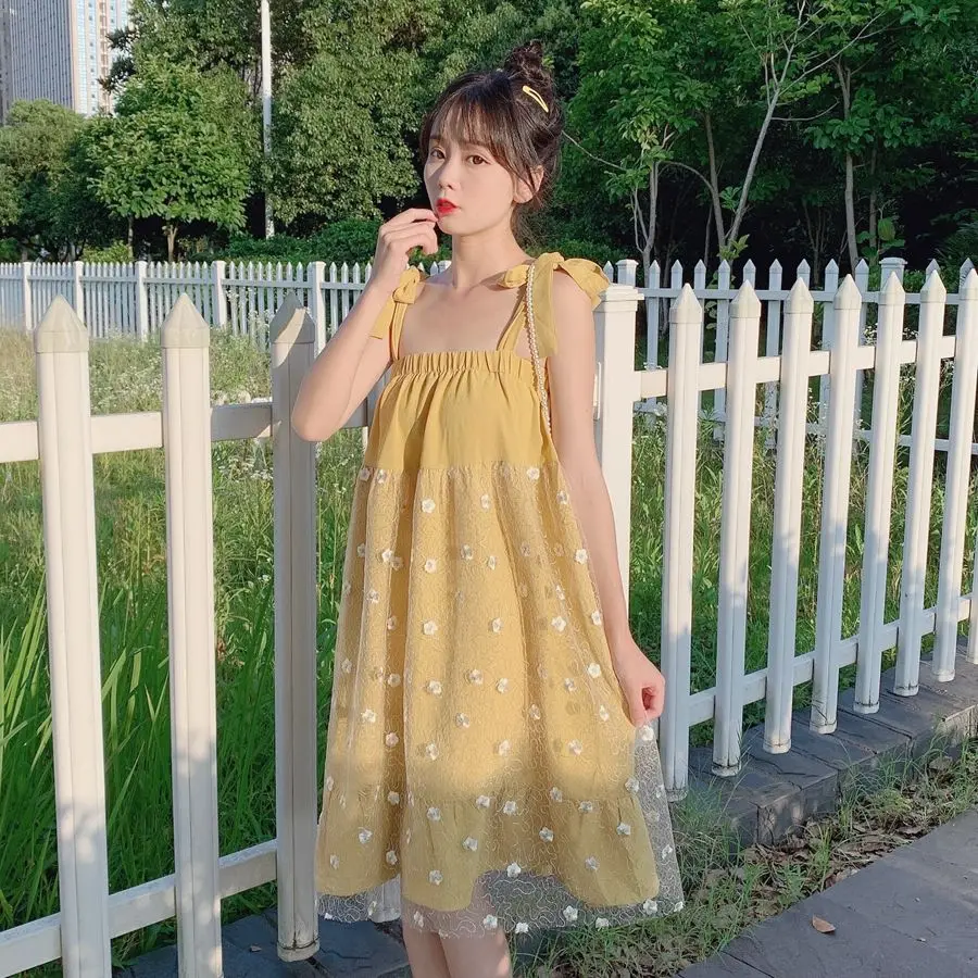 

2021 new summer skirt female student Korean loose and thin college style one line collar suspender mesh dress