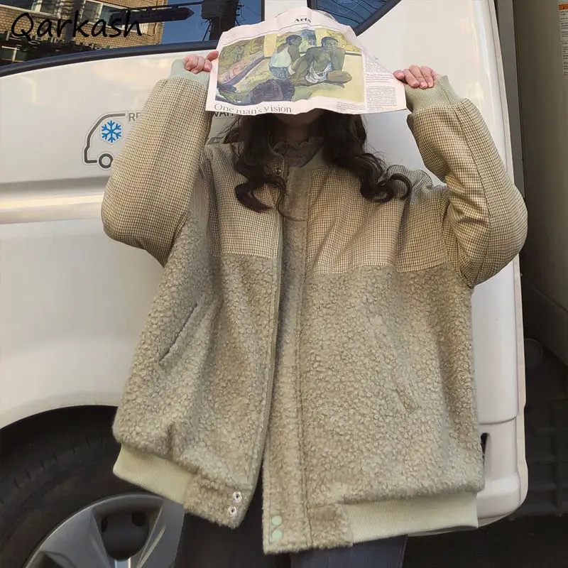 Parkas Women Design Patchwork Lambswool Thicker Outwear Warm Retro Button Panelled Plaid Short Style Parka Mujer Korean Fashion | Женская