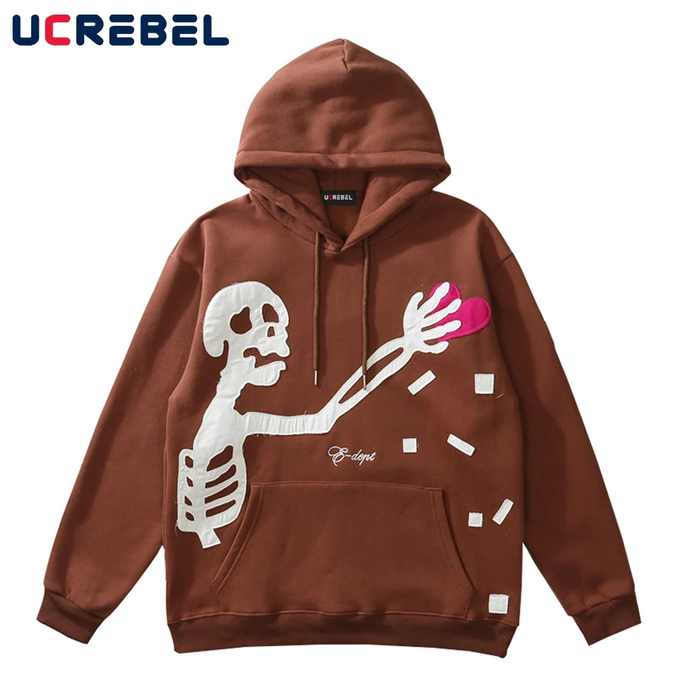 

Skeleton Patch Embroidery Fleece Sweatshirts Mens High Street Autumn Hoodies Streetwear Casual Loose Pullover Men