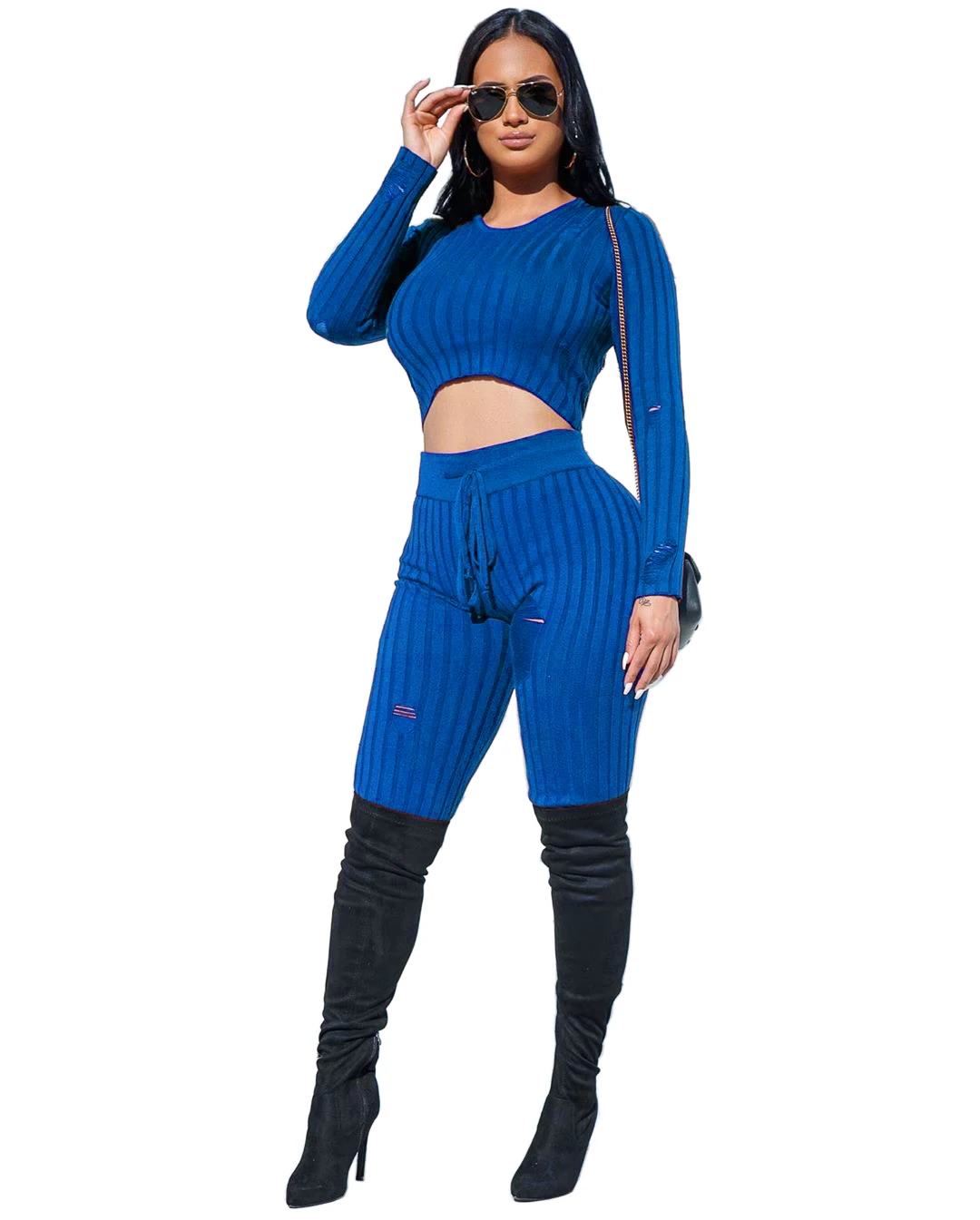 Зимний женский спортивный костюм с длинным рукавом Вязаный топ капюшоном и брюки