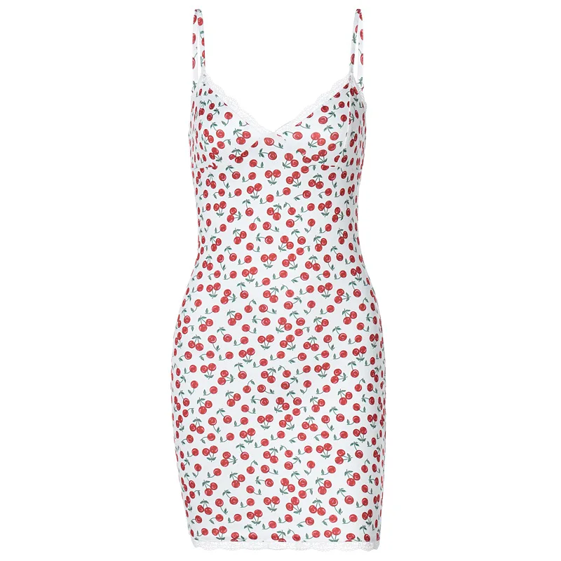 

2021 new summer sexy v-neck lace strap printed temperament dress skirt