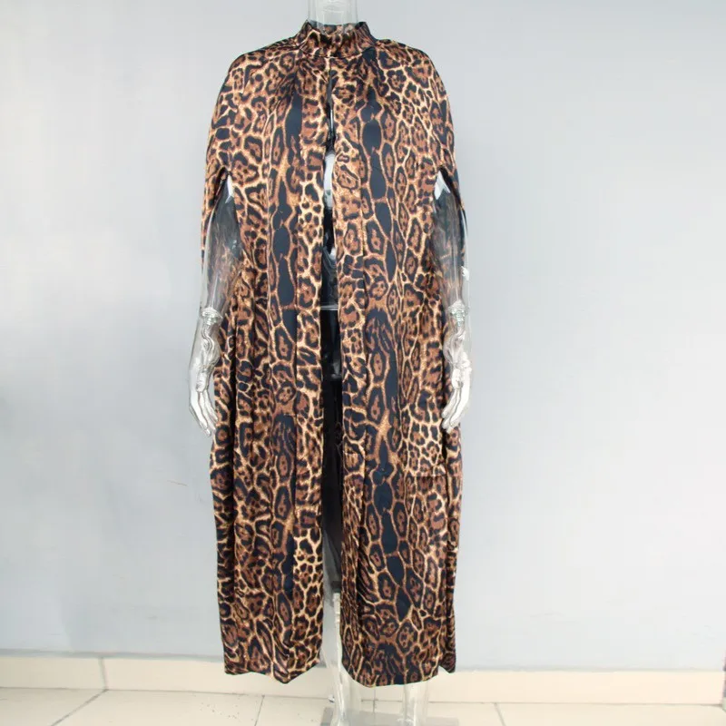 

New Fashion Women Leopard Cloak Stand Collar Trench Coat Gown Capes Ladies Loose Fit Maxi Long Poncho Wraps Outerwear