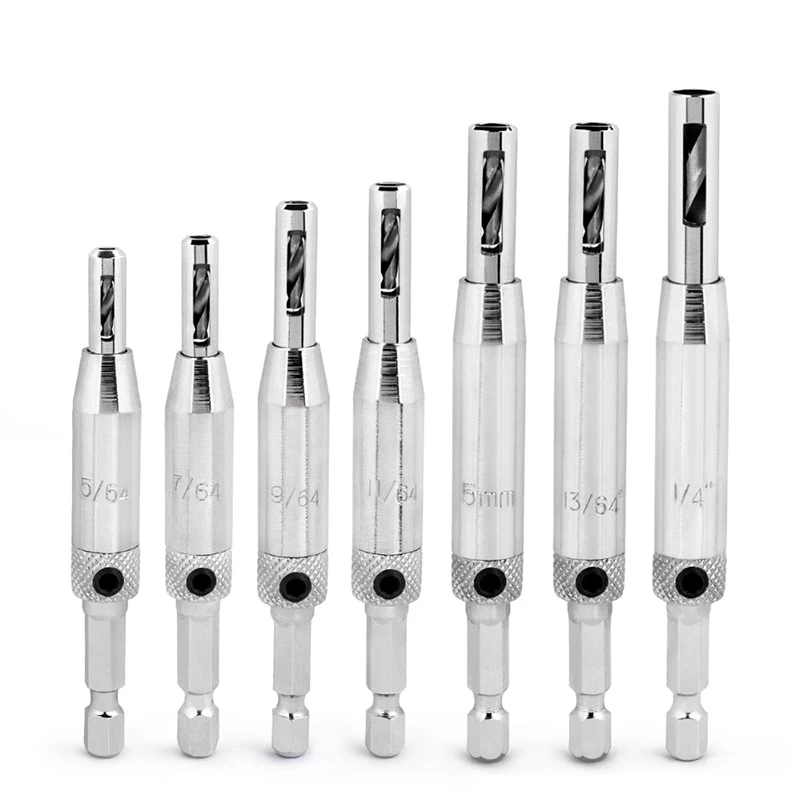 QWORK 7Pcs Self Centering Clic Change Door Hinge Drill Bit Set, 5/64", 7/64", 9/64", 11/65", 5mm, 13/64", 1/4"
