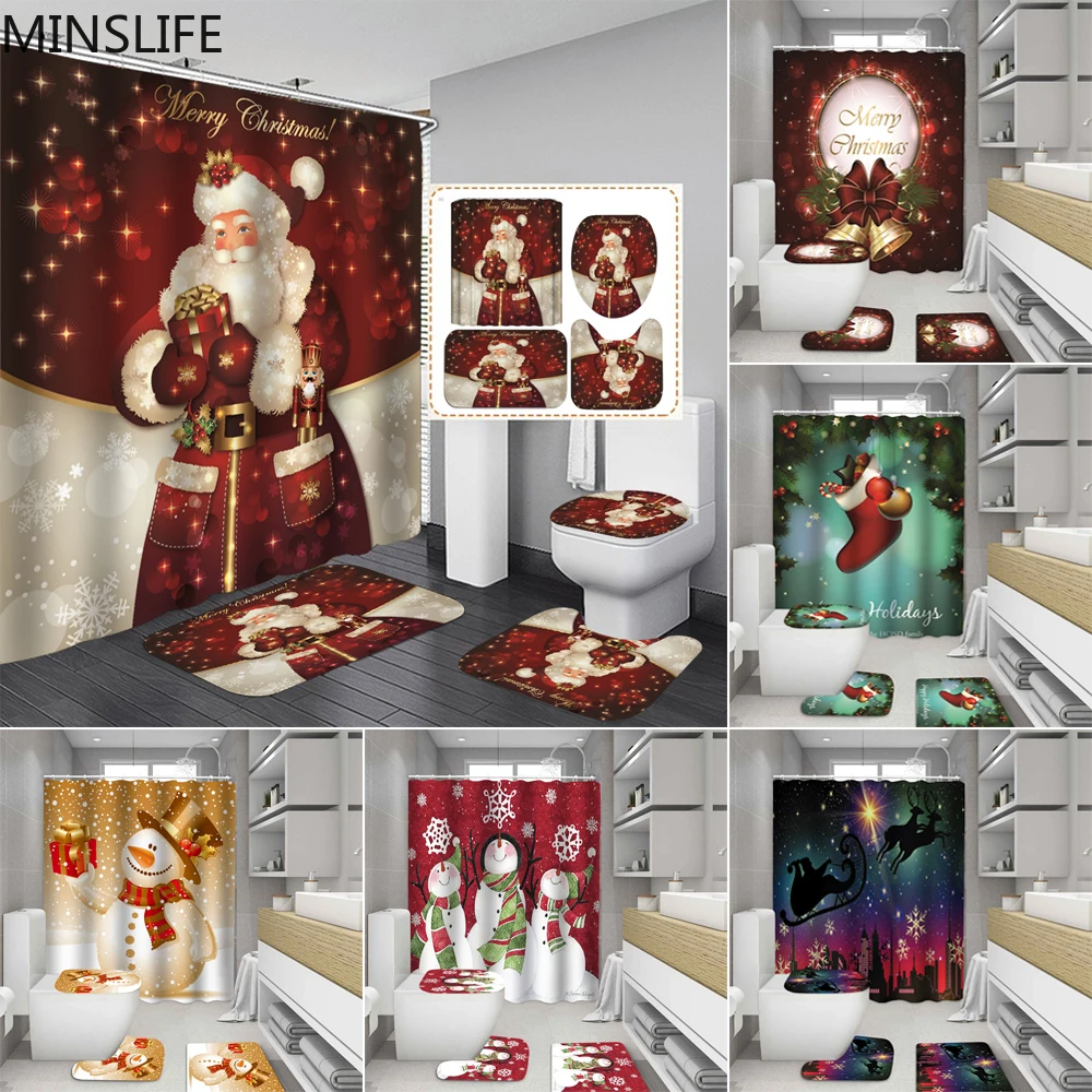 

Snowman Santa Father Bell Elk Pattern Bathroom Sets with Shower Curtain Toilet Cover Mat Non Slip Rug Sets Merry Christmas Decor