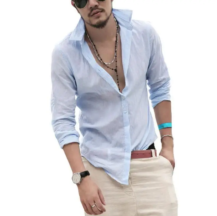 

Permeability Plus Size Cotton Linen Men Shirt Long Sleeve Summer New Hawaiian Shirts Sexy Slim Fit Mens Clothes M-XXL