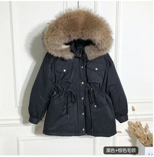 Black-Brown Fur AYUNSUE/белая куртка-пуховик для женщин, корейское зимнее пальто, женское пуховое пальто, куртка-пуховик с воротником из меха енота и собаки YY1518 - Цвет: Black-Brown Fur