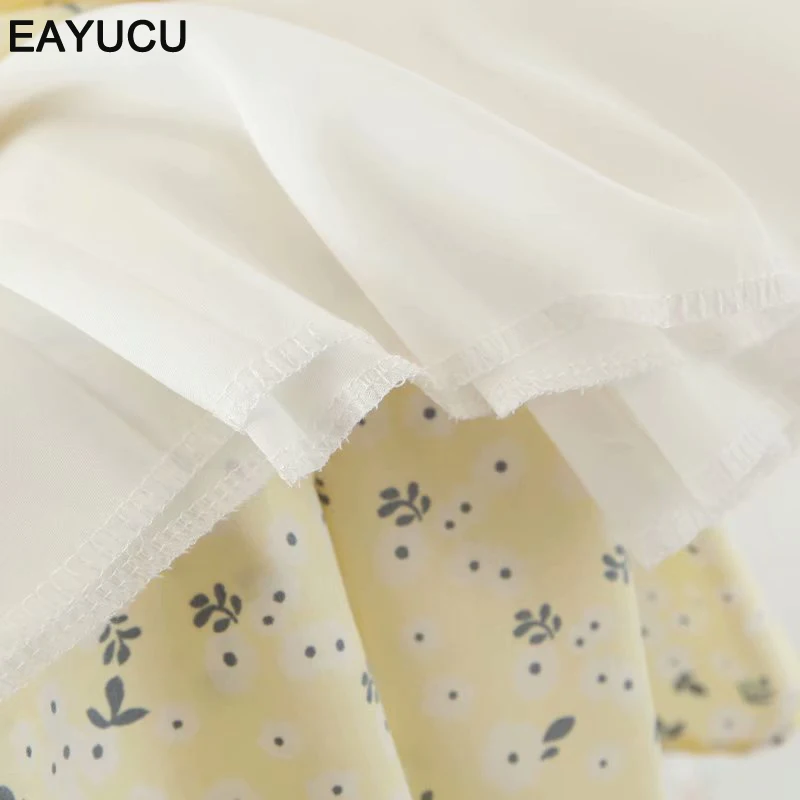 

EAYUCU Flroal Print Chiffon Dress Women 2020 Summer Strapless Ruched Lantern Sleeve Female Mini Dresses Boho Style ED154