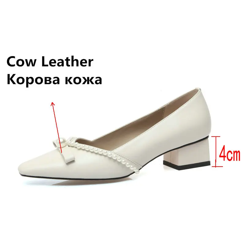 

Pearl Decoration Sweet Wedding Shoes Woman 4cm med Heels 2021 Spring Newest Genuine Leather sqaure Heels Pumps