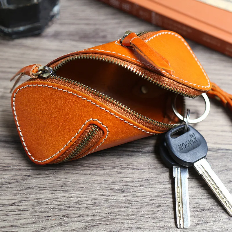 Creative Retro Vegetable Tanned Leather Key Case Zipper Key Card Case Retro Leather Key Case for Men and Women Coin Purse