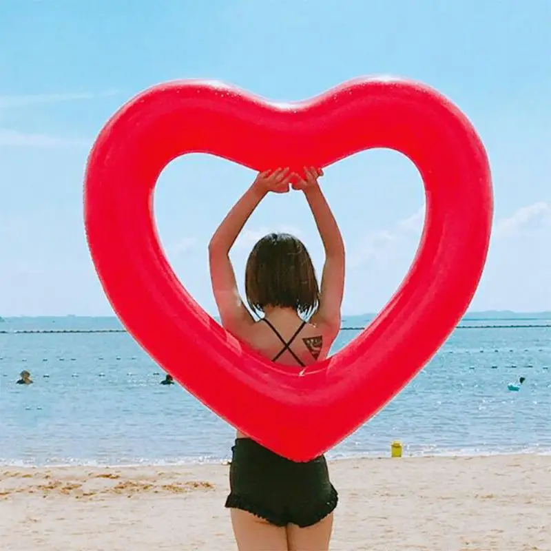 Inflatable Swim Ring Red Heart-Shape Floating Tools Swimming Pool Life Buoy