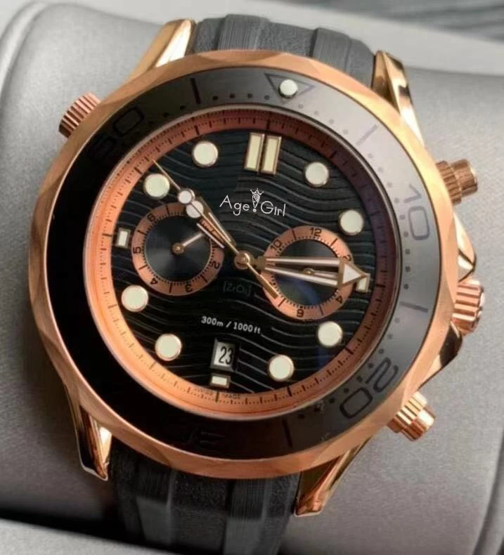 

Luxury New Men Japanese Quartz Diver Black Rubber Limited Rose Gold James Bond 007 Ceramic Bezel Sapphire Master Watches 44MM