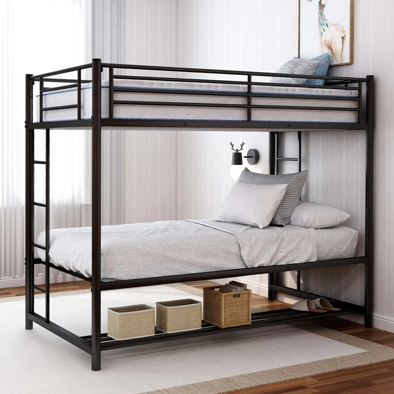 Bedroom Furnitures Twin Over Twin Bunk Bed Kid Beds Modern Bed Metal Black Simple Double Layer Bed Set Bed Room Furniture