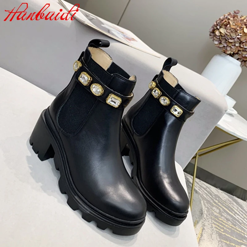 

Women Ankle Boots Genuine Leather Platform Wedges Women Short Boots Luxury Crystal Women Martin Boots Chunky High Heels Boots