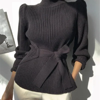 Autumn Winter Women tie belt sweater Pullover puff sleeve Sweaters Turtleneck Fashion High Elasticity Knitting Female | Женская одежда