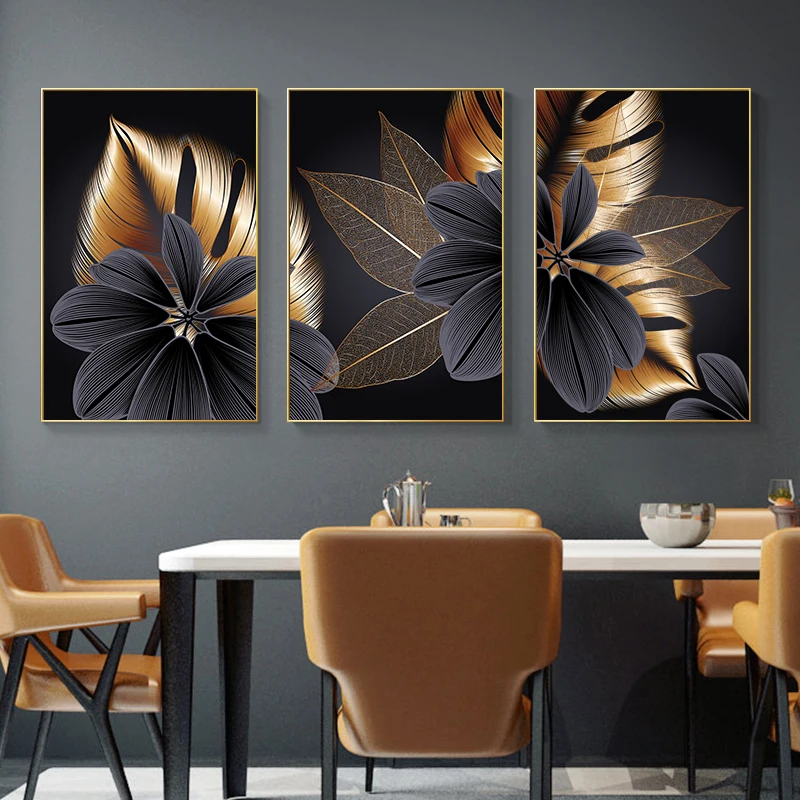 

Abstract Luxury Blossom Flower Leaf Canvas Painting Wall Picture for Living Room Plant Wall Art Nordic Black Copper Poster Decor