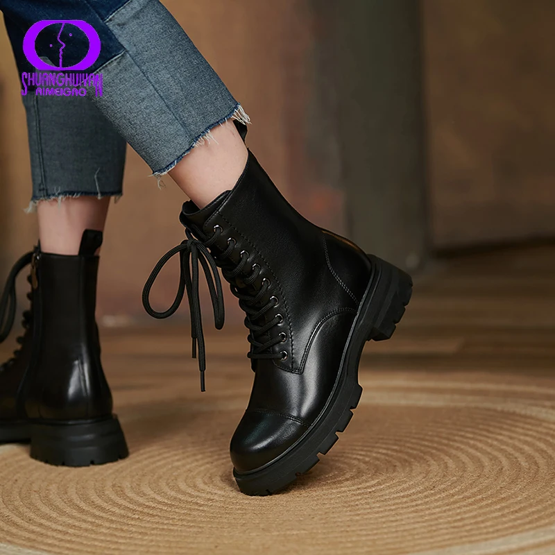 

AIMEIGAO Autumn Winter Fashion Genuine Leather Martin Boots Women Ankle Boots Platform Lace Up Side Zipper Female Short Boots