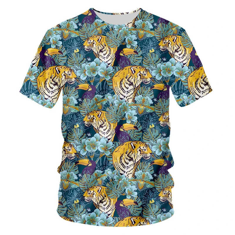 

Novelty Patchwork New T-shirt Funny 3d Printed Tiger Bird Leaves Casual Suitable Summer Cool Breathable Loose Plus Size 6xl OGKB