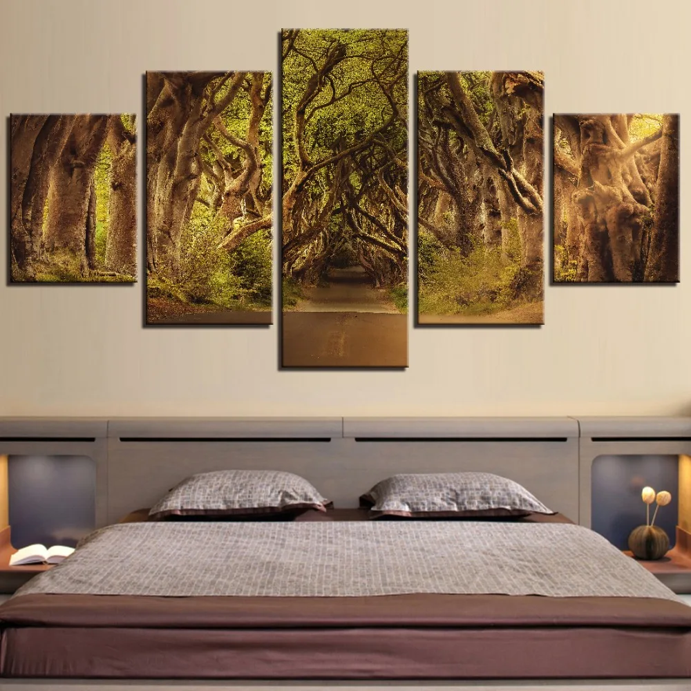 

5 Pieces Forest Canvas Trees Cave Posters Abstract Plants For Home Room Decor Stickers Artwork Framework Modular