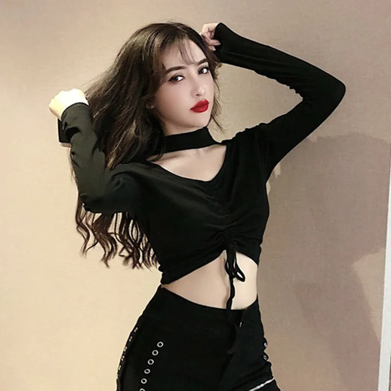 

Женская модная футболка с V-образным вырезом, облегающая футболка с длинным рукавом и открытым пупком, Повседневная рубашка с коротким низо...