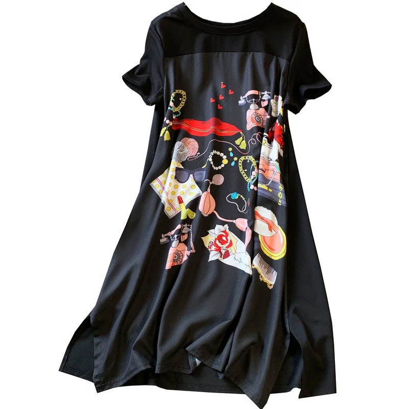 

Plus Size 4XL 5XL Loose Fashion Leisure Chic Women Summer Printed Black Knee Length Short Sleeve Dress