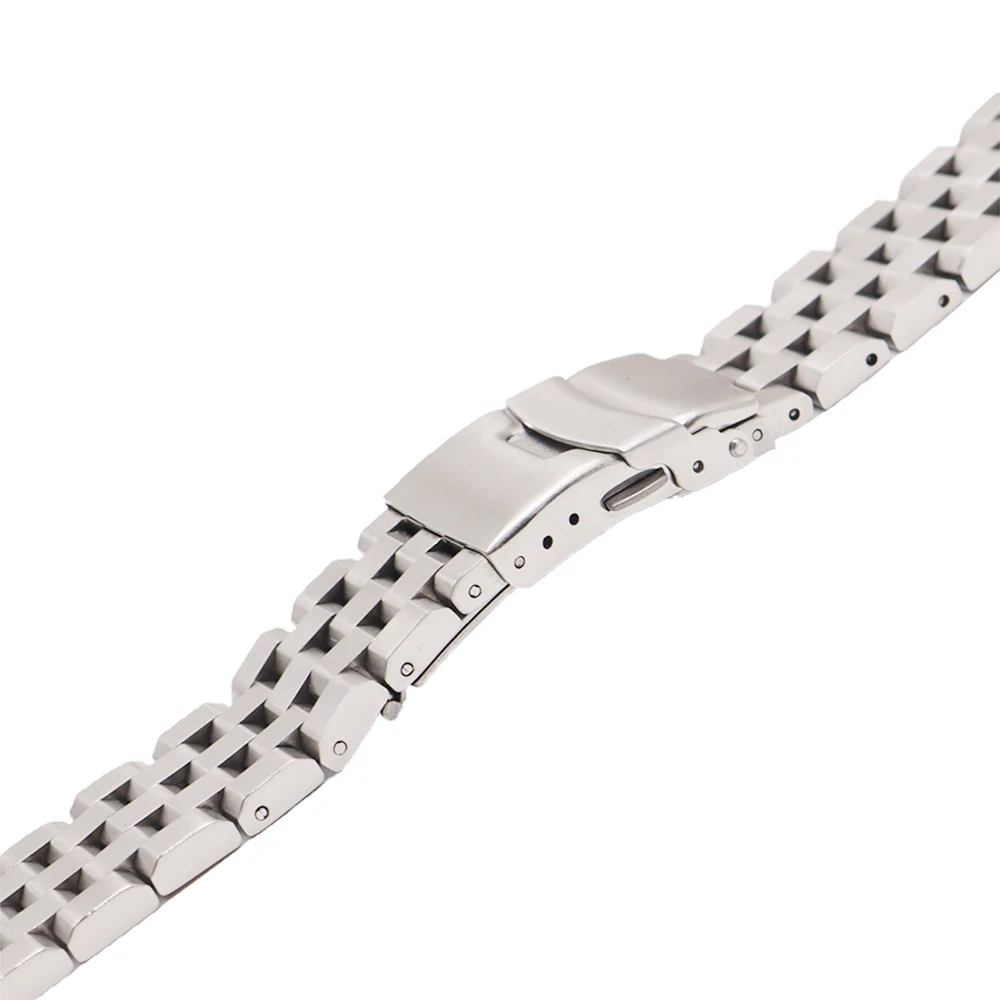 Rolamy 22mm Silver Solid Links Replacement Watch Band Strap Bracelet Double Push Clasp For Seiko