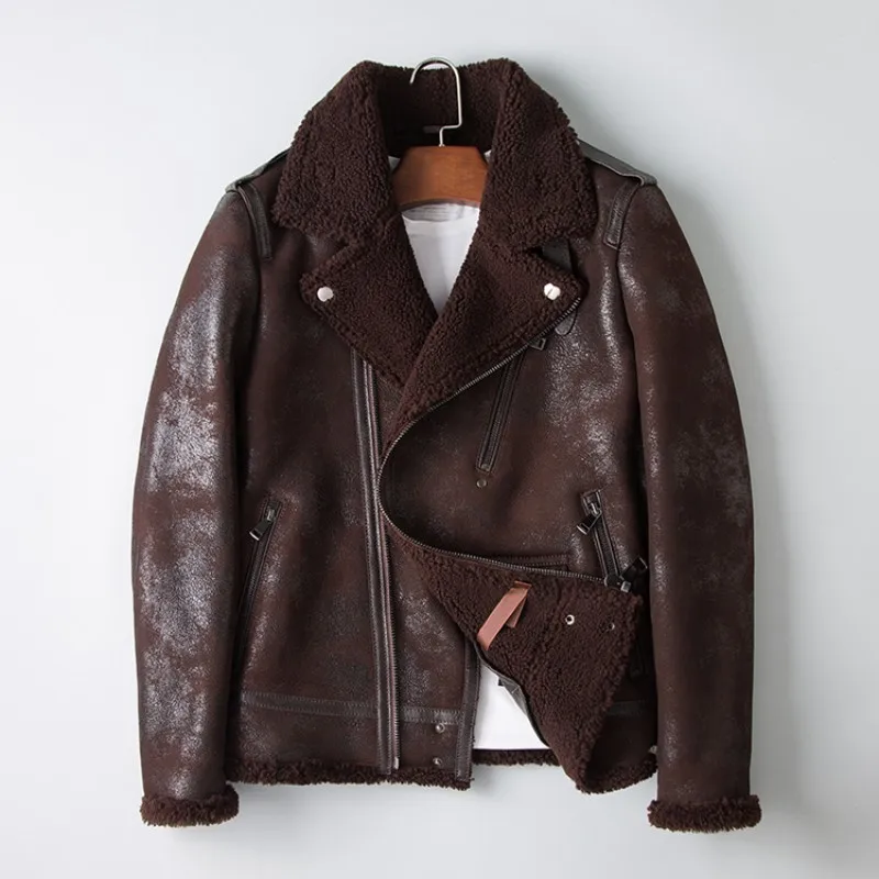 

Winter Men Original Natural Shearling Air Force Coat Sheep Fur Lining Motorycle Jacket Slim Fit Genuine Leather Aviator Jackets