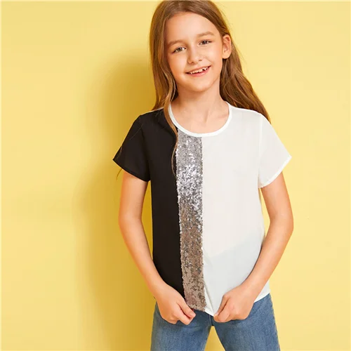 SHEIN Kiddie/Милая однотонная блузка с воротником-стойкой и оборкой для девочек детская одежда г., летний рукав-волан, топы с оборками на пуговицах сзади - Цвет: Black and White