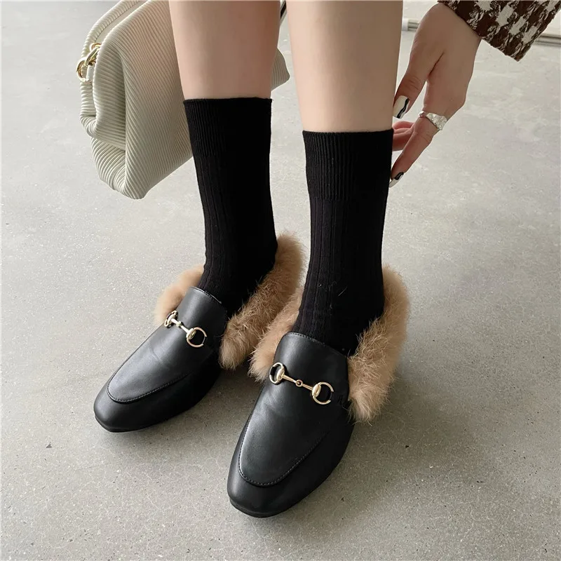 

Women Fur Loafers Chunky Heels Shoes Autumn Winter Square Toe Furry Slides Metal Decoration Slip on Shoes Black Zapatos De Mujer