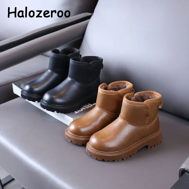 

Winter Kids Snow Boots Baby Girls Slip On Ankle Shoes Children Black Genuine Leather Boots Warm Fashion Boots Soft Brand Shoes
