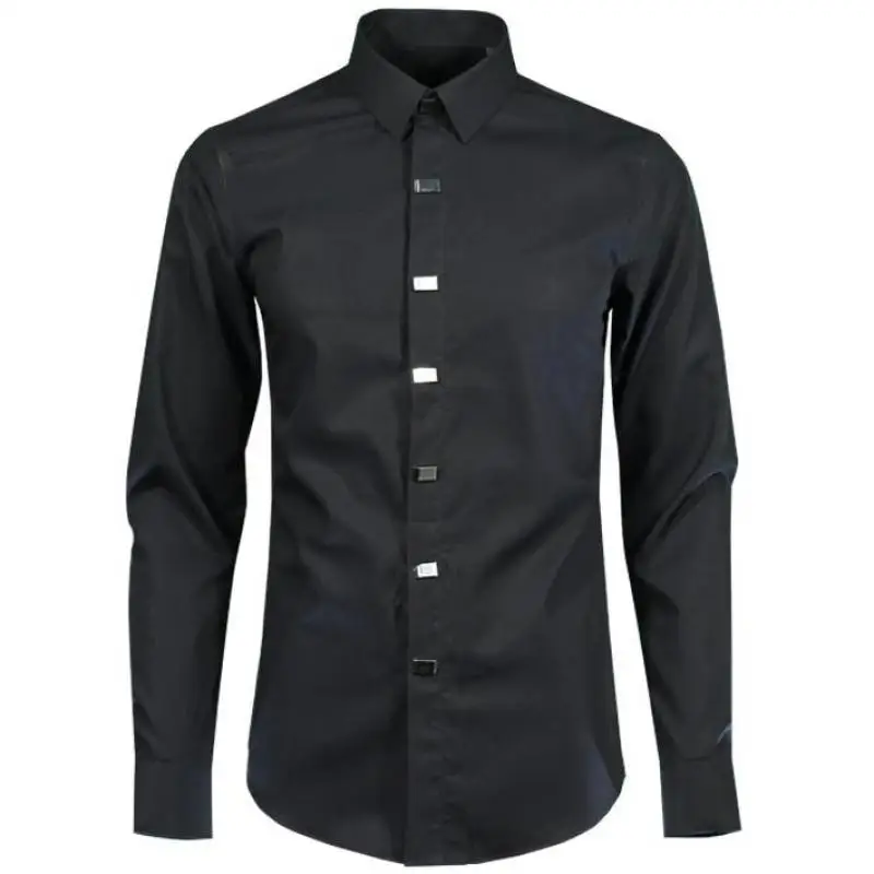 100% Cotton Men Shirt With Black Solid Color Long Sleeve Square Rivets Mens Dress Shirt Luxury Slim Fit Casual Shirt 4XL