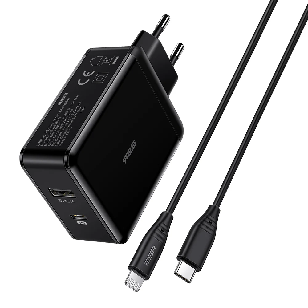 

ESR 30W USB C Charger+30W Type C to Lightning Combo Power Delivery Fast Charger Plug PD Charger Cable for iPad iPhone Samsung