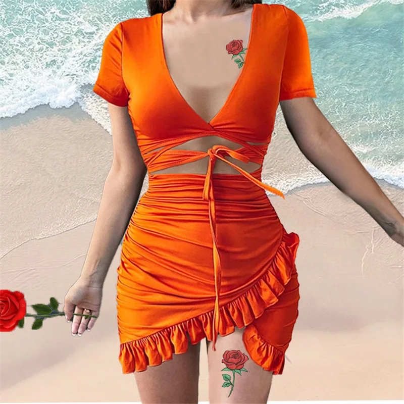 

Floral Print Summer Dress Lace Up Bandage For Women 2021 Hollow Cut Ruffles Bandage Wrap Dress Beach Holiday Robe