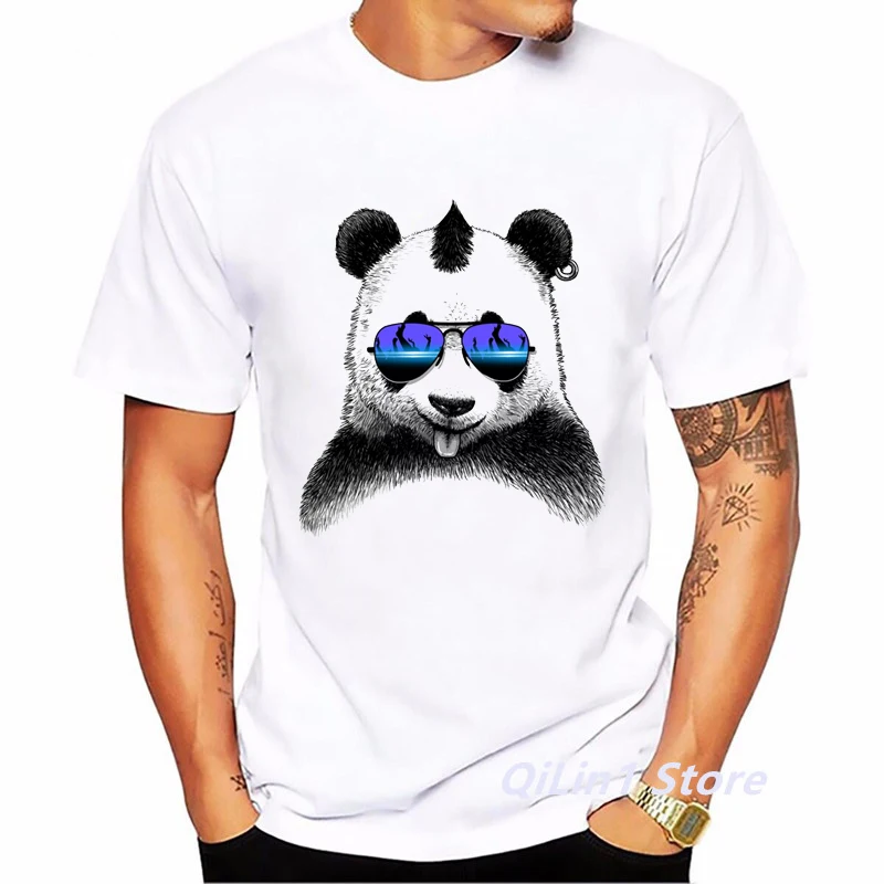 

Panda With Glasses Print Tshirt Men's Cool Hip Hop T Shirt Homme Summer White Short Sleeve Top Male Streetwear Camisetas Hombre