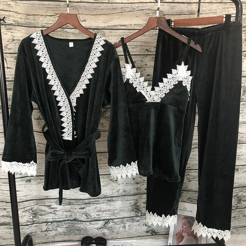 Бархатный пижамный комплект из 3 предметов Фланелевая пижама сексуальный