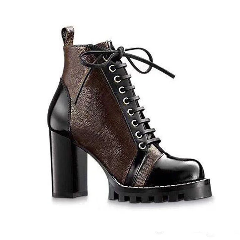 

Luxury Designer Womens Ankle Boots High-Heeled Shoes Booties Martin Boot Platform With Patches Lace Up Short Tube top Quality