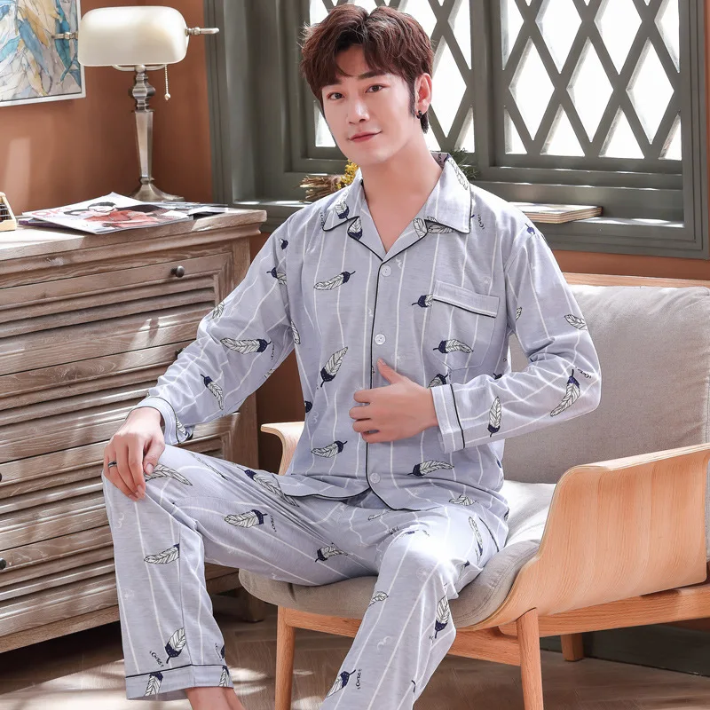 

Мужская Хлопковая пижама с длинным рукавом, Осень-зима, Молодежный большой кардиган, летний мужской комплект домашней одежды, домашний кост...