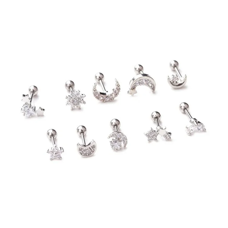 Серьги-гвоздики женские с фианитами маленькие украшения для ушей Луной и