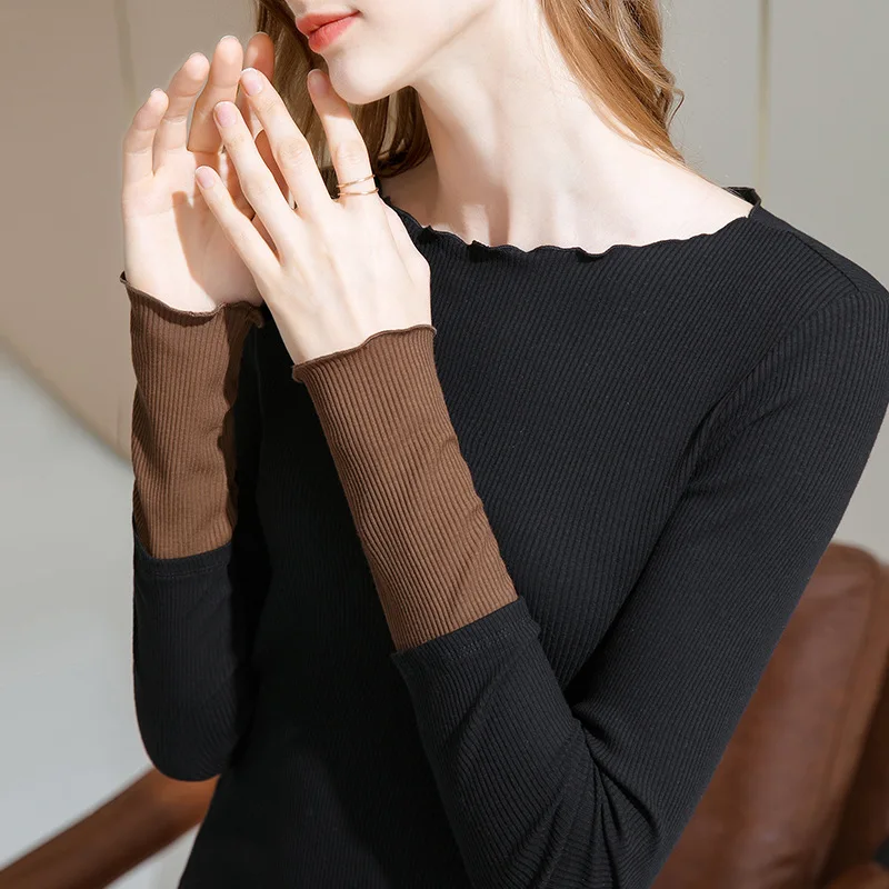 

Wood ear edge undergarment for women in autumn and winter with color contrast long sleeve T-shirt, foreign style small shirt and