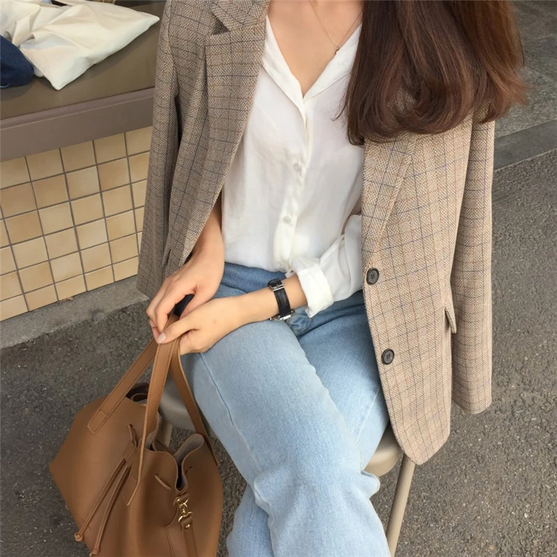 BGTEEVER винтажный клетчатый однобортный Женский блейзер с зубчатым воротником