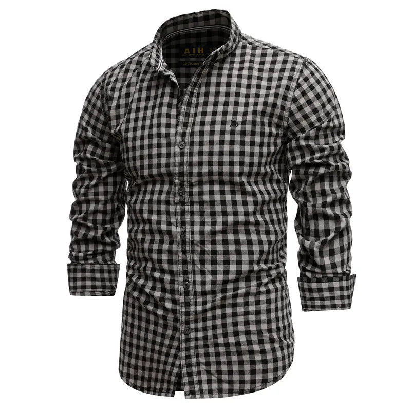 

2021 New Spring 100% Cotton Plaid Shirt Casual Slim Fit Men Shirt Long Sleeve High Quality Men's Social Shirt Dress Shirts