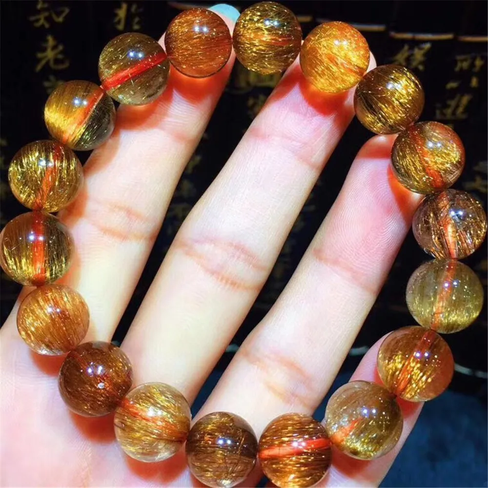 

11mm Top Natural Copper Rutilated Quartz Bracelet For Women Man Crystal Cat Eye Round Beads Stretch Wealth Stone Strands AAAAA