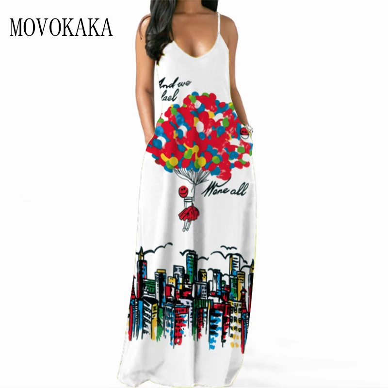 

MOVOKAKA 3D White Print Sexy Strap Dress Women 2021 Summer Beach Casual Sundresses Elasticity Vestidos Long Dresses Party Dress