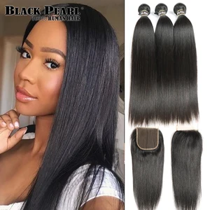 Кости прямые человеческие волосы пучки с закрытием HD кружева закрывает пряди бразильские волосы плетение пряди закрытием Remy волосы